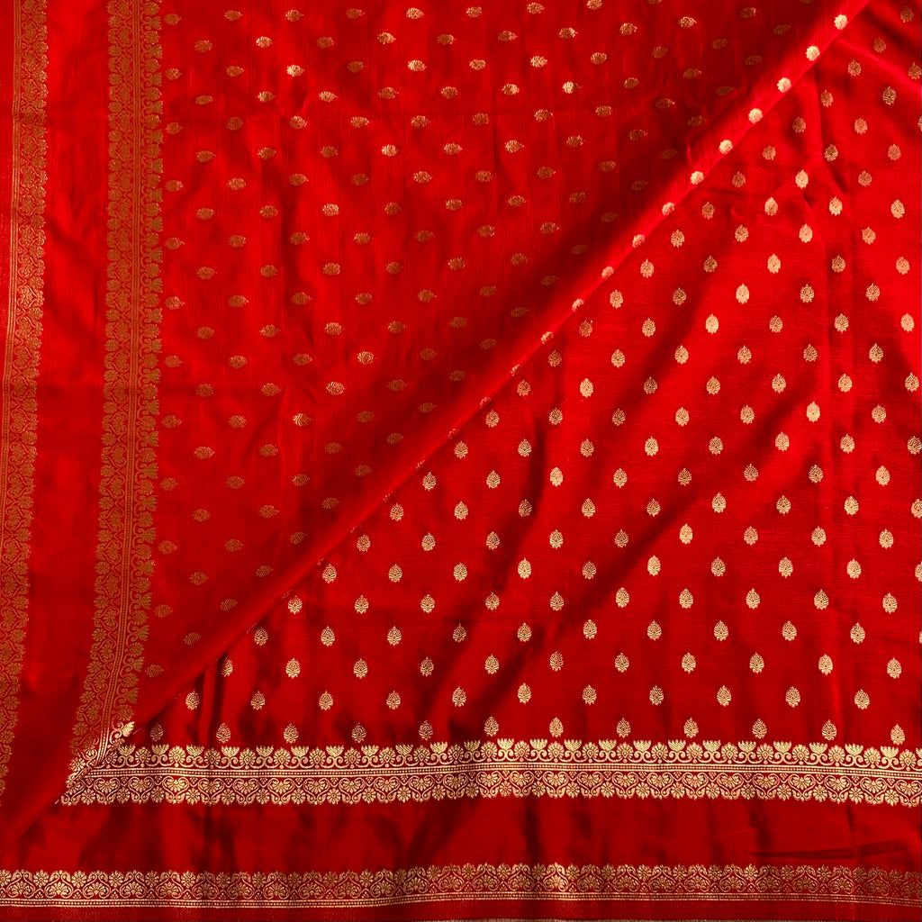 Crimson Red Soft Tussar Silk Saree With Antique Gold Brocade Pallu