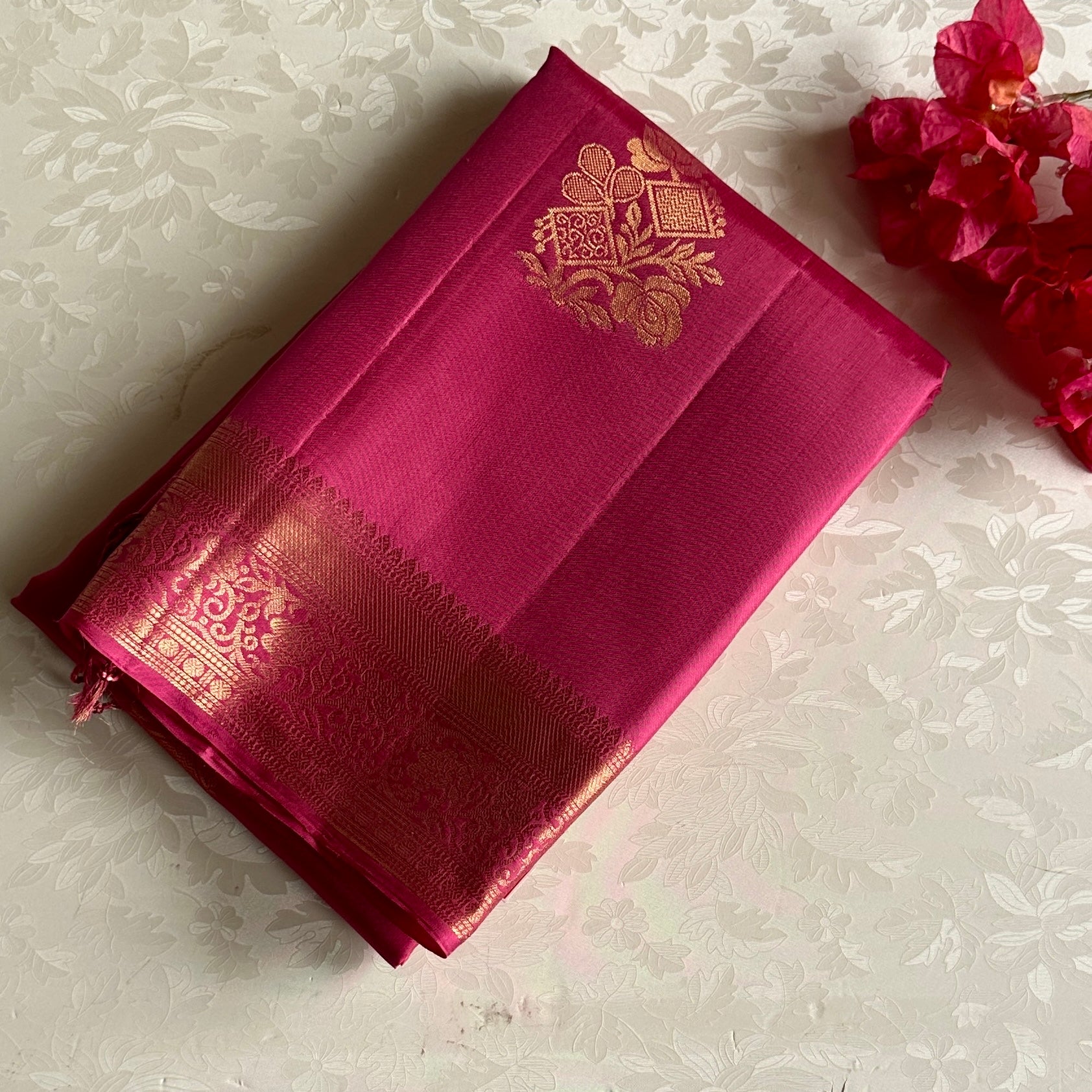 Designer Pure Silk Rani Pink Saree With Antique Gold Pallu And Border