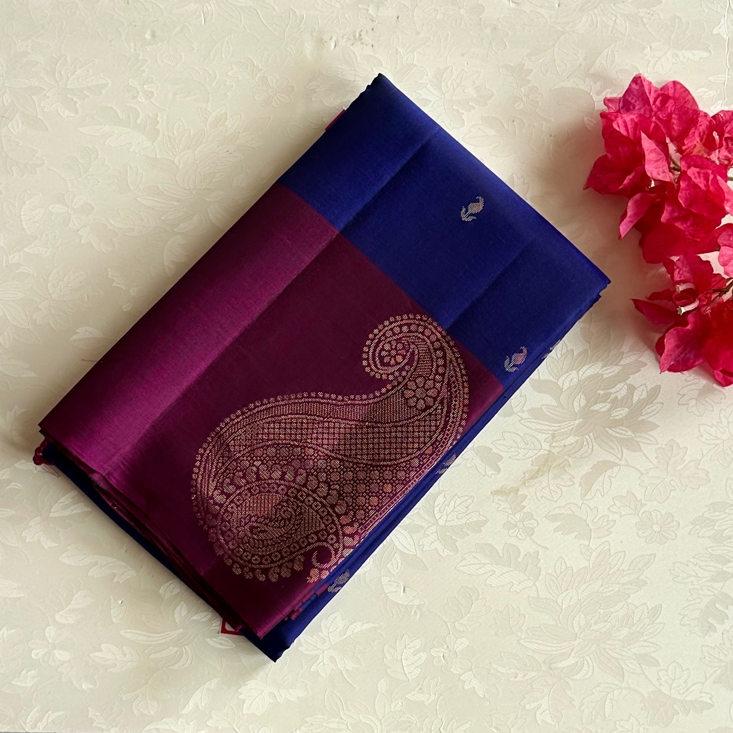 Deep Blue Magenta Silk Saree Gold Brocade Paisley Pallu Wedding