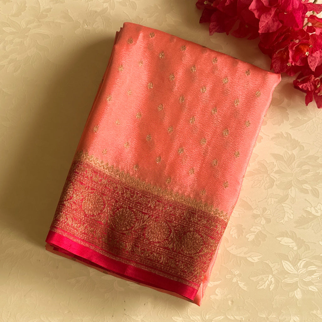 Magenta Silk Brocade Saree Gold Paisley Peach Buti Wedding Traditional