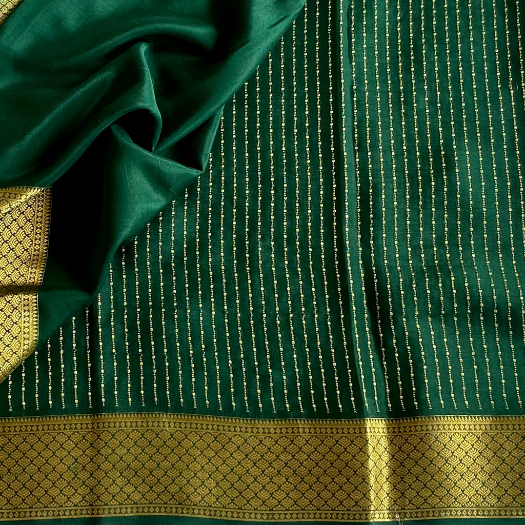 Emerald Green Mysore Crepe Silk Saree With Antique Gold Border