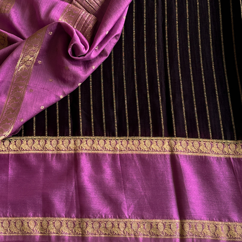 Magenta Black Silk Saree Gold Zari Brocade Floral Border Traditional