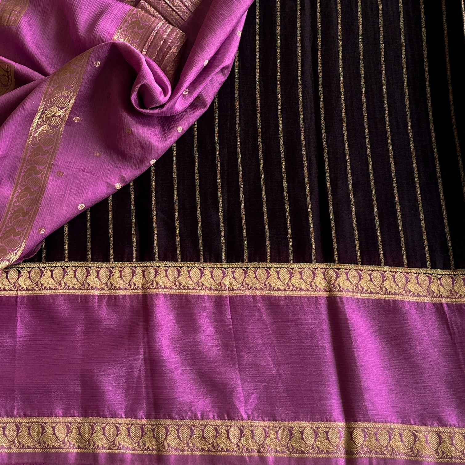Magenta Black Silk Saree Gold Zari Brocade Floral Border Traditional