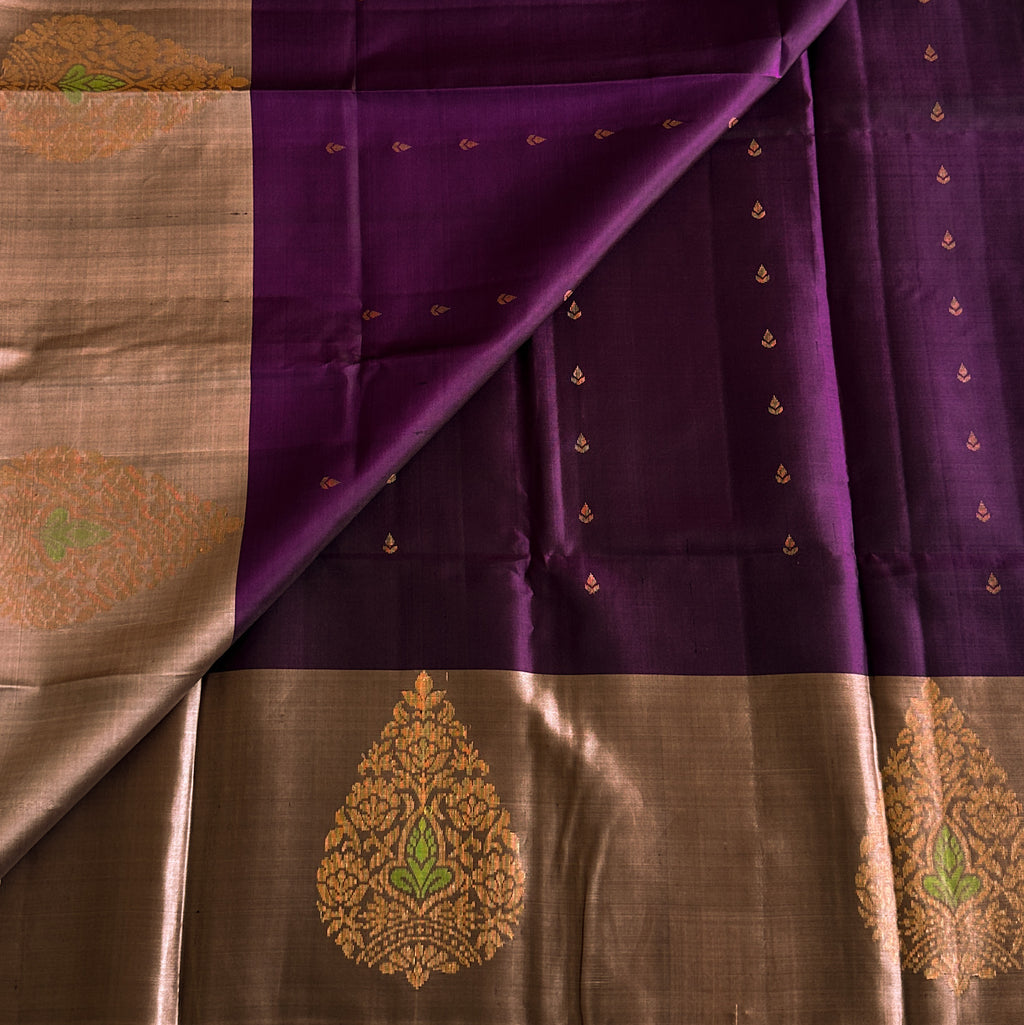 Royal Purple Saree Rose Gold Pallu Paisley Buta Woven Elegance