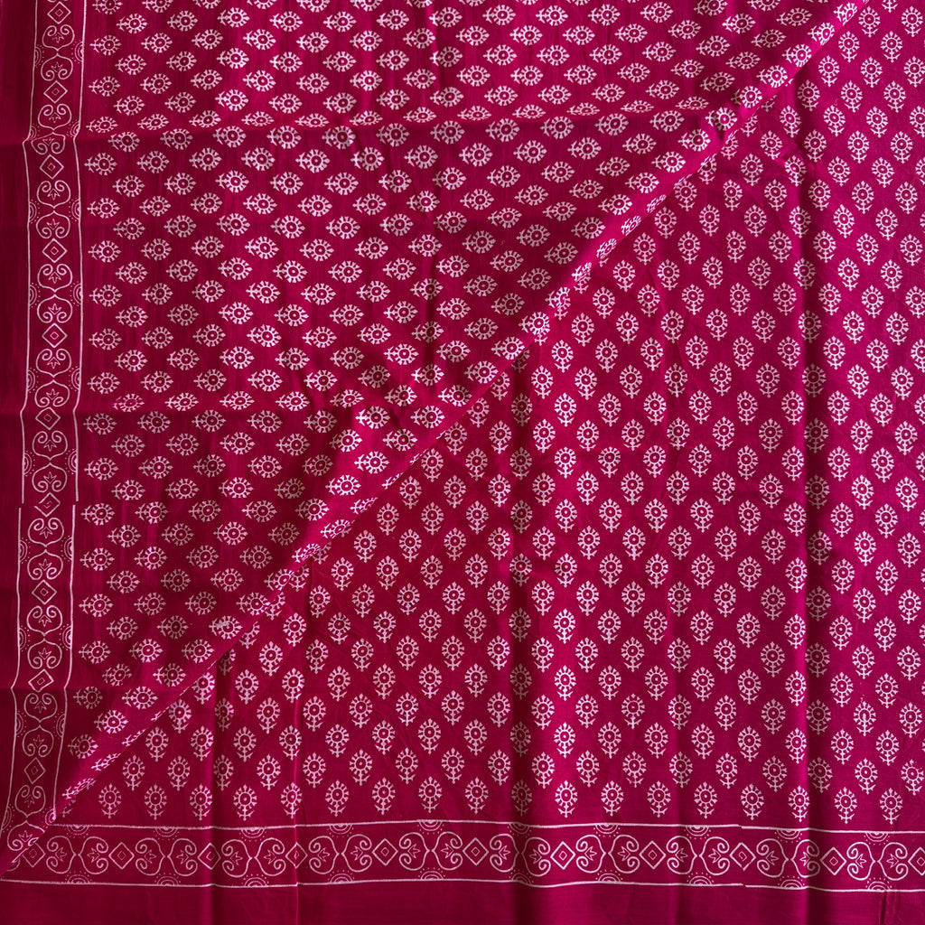 Fuchsia White Block Print Saree Lightweight Traditional Casual Wear