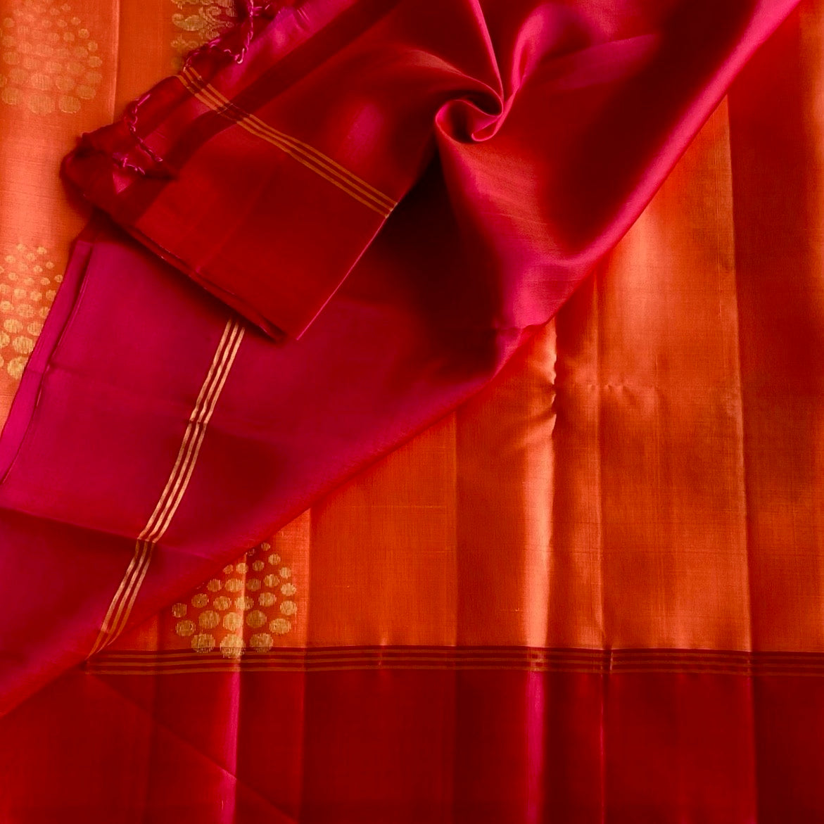 Rani Pink Designer Pure Silk Saree With Bright Orange Contrast Border