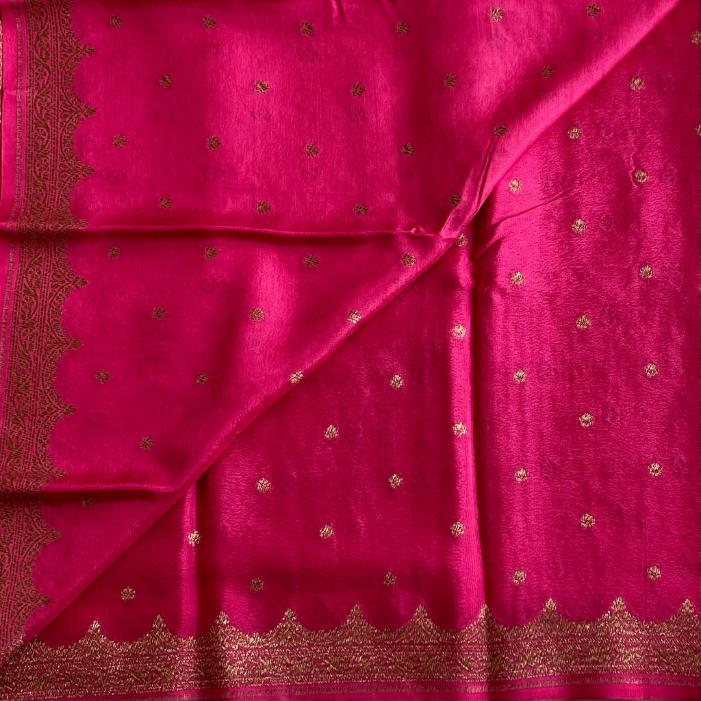 Hot Pink Banarasi Crepe Silk Saree With Antique Gold Brocade