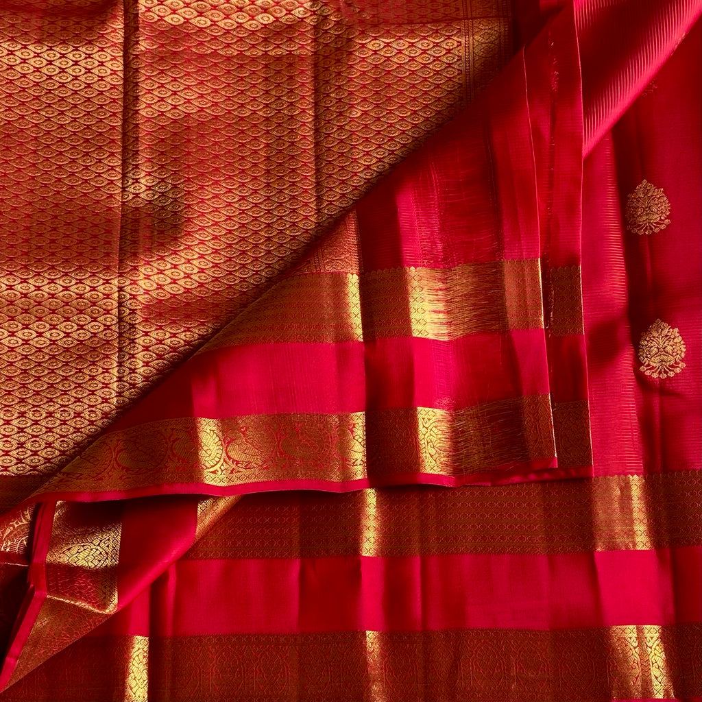 Tomato Pink Designer Pure Silk Saree With Antique Gold Brocade