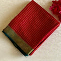 Tomato Red Checkered Mysore Crepe Silk Saree With Stunner Teal Pallu