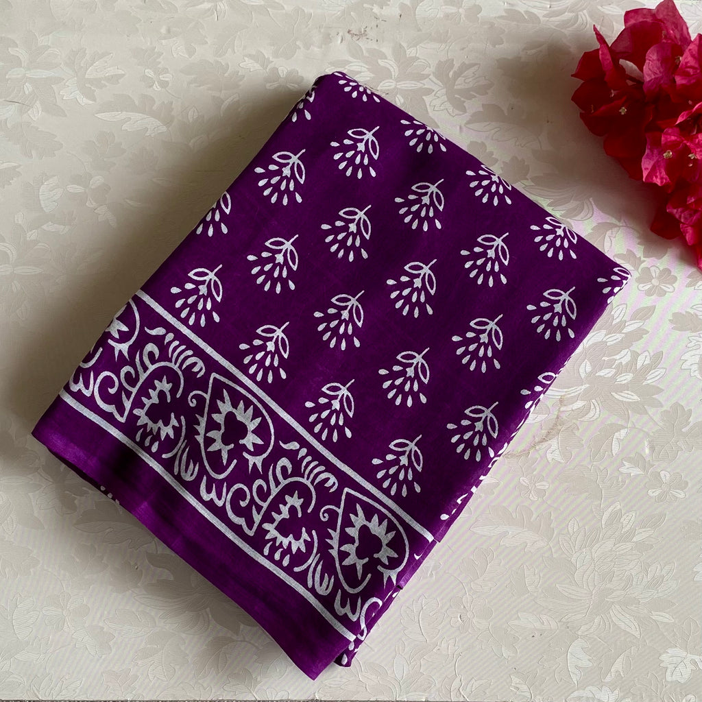 Purple Cotton Block Print Saree White Floral Paisley Border Traditional
