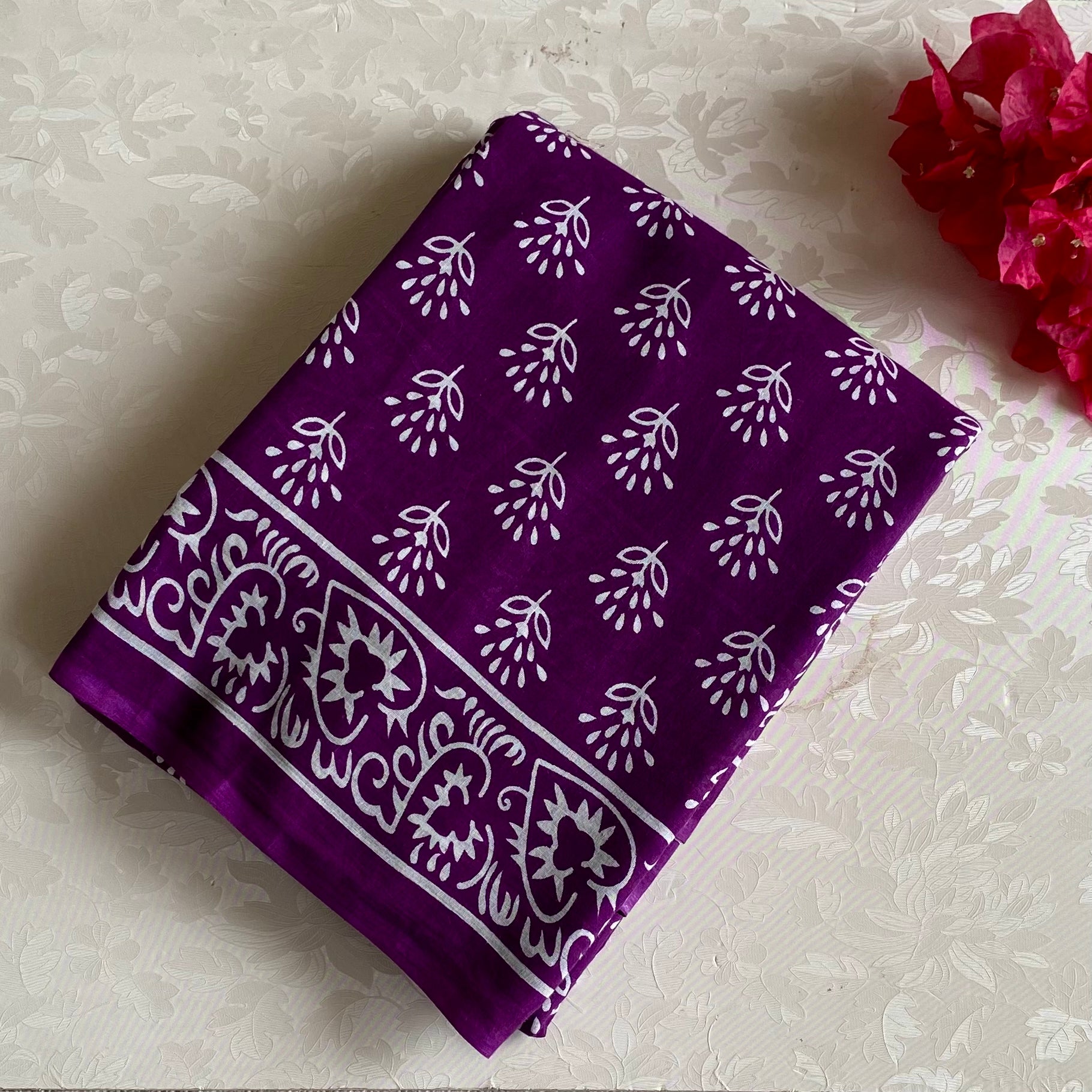 Purple Cotton Block Print Saree White Floral Paisley Border Traditional