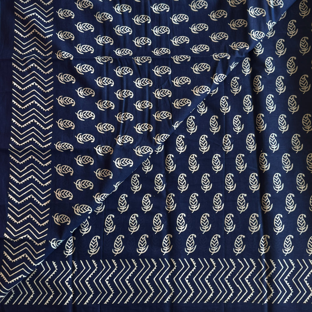 Navy Blue Block Print Cotton Saree Paisley Chevron Border Traditional