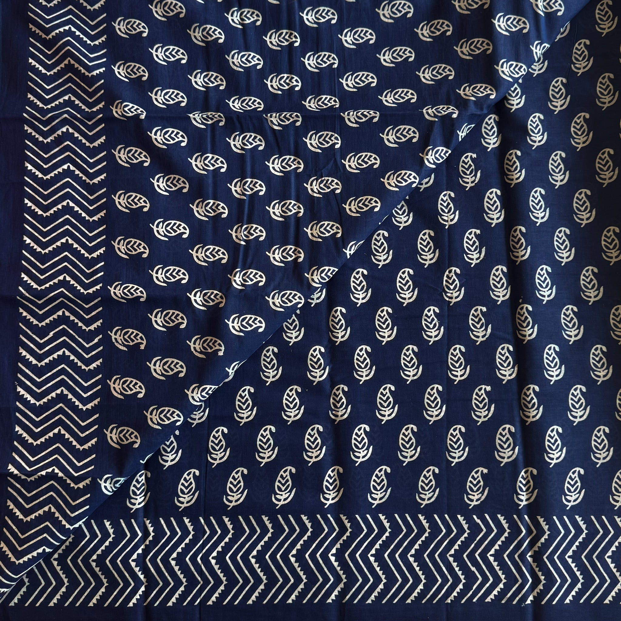 Navy Blue Block Print Cotton Saree Paisley Chevron Border Traditional