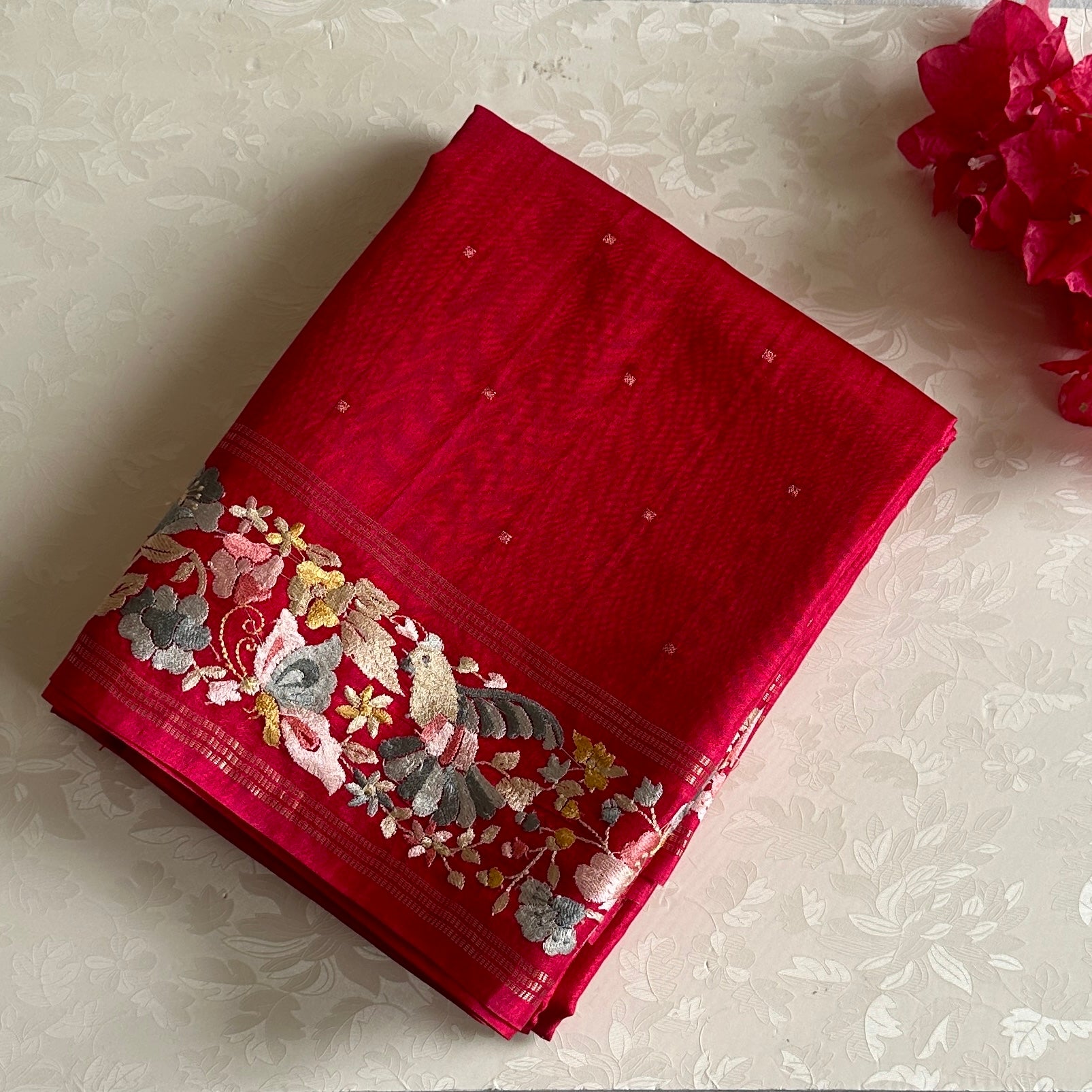 Tomato Pink Soft Tussar Silk Saree With Silver Grey Embroidery