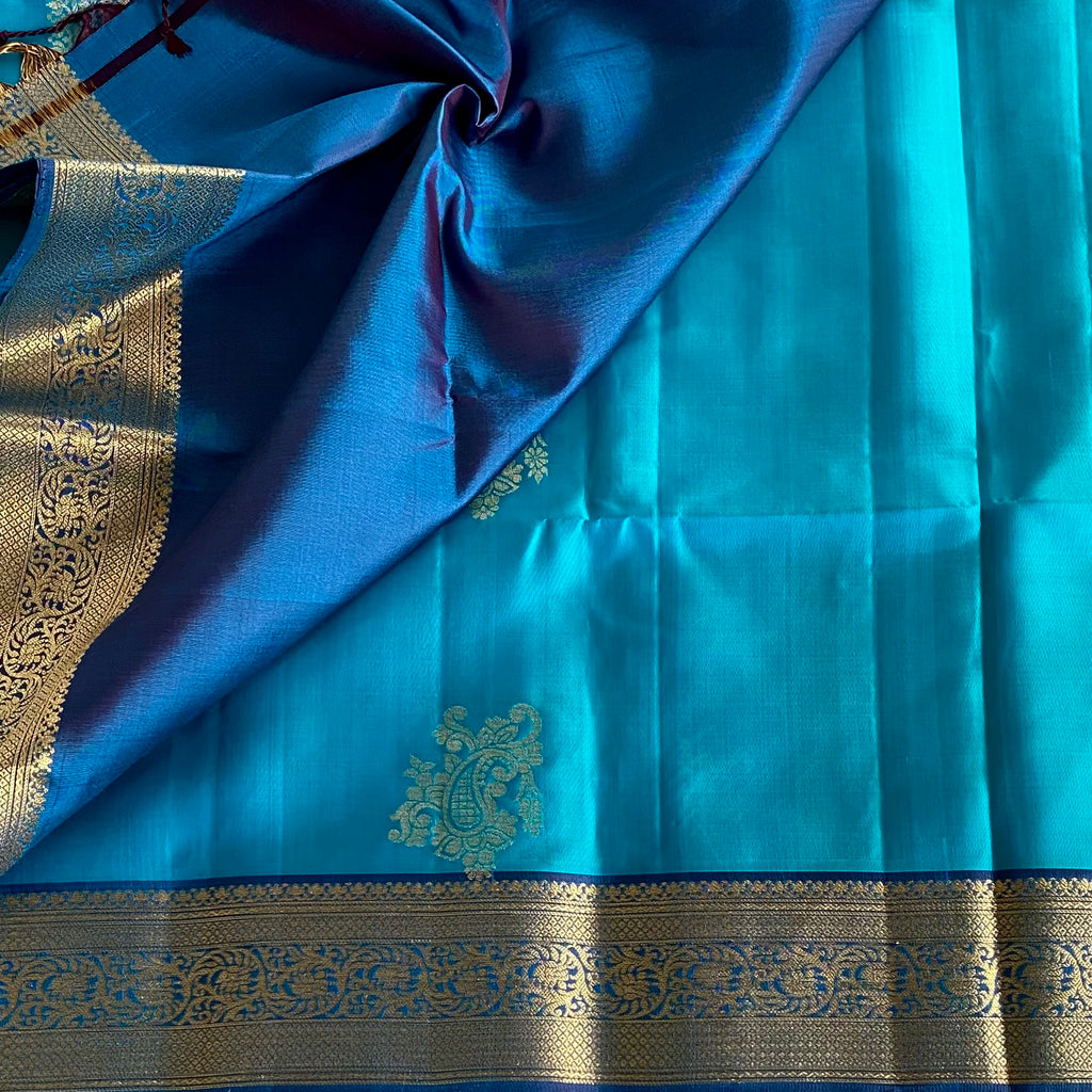 Designer Pure Silk Turquoise Saree With Peacock Blue Pallu Brocade Border