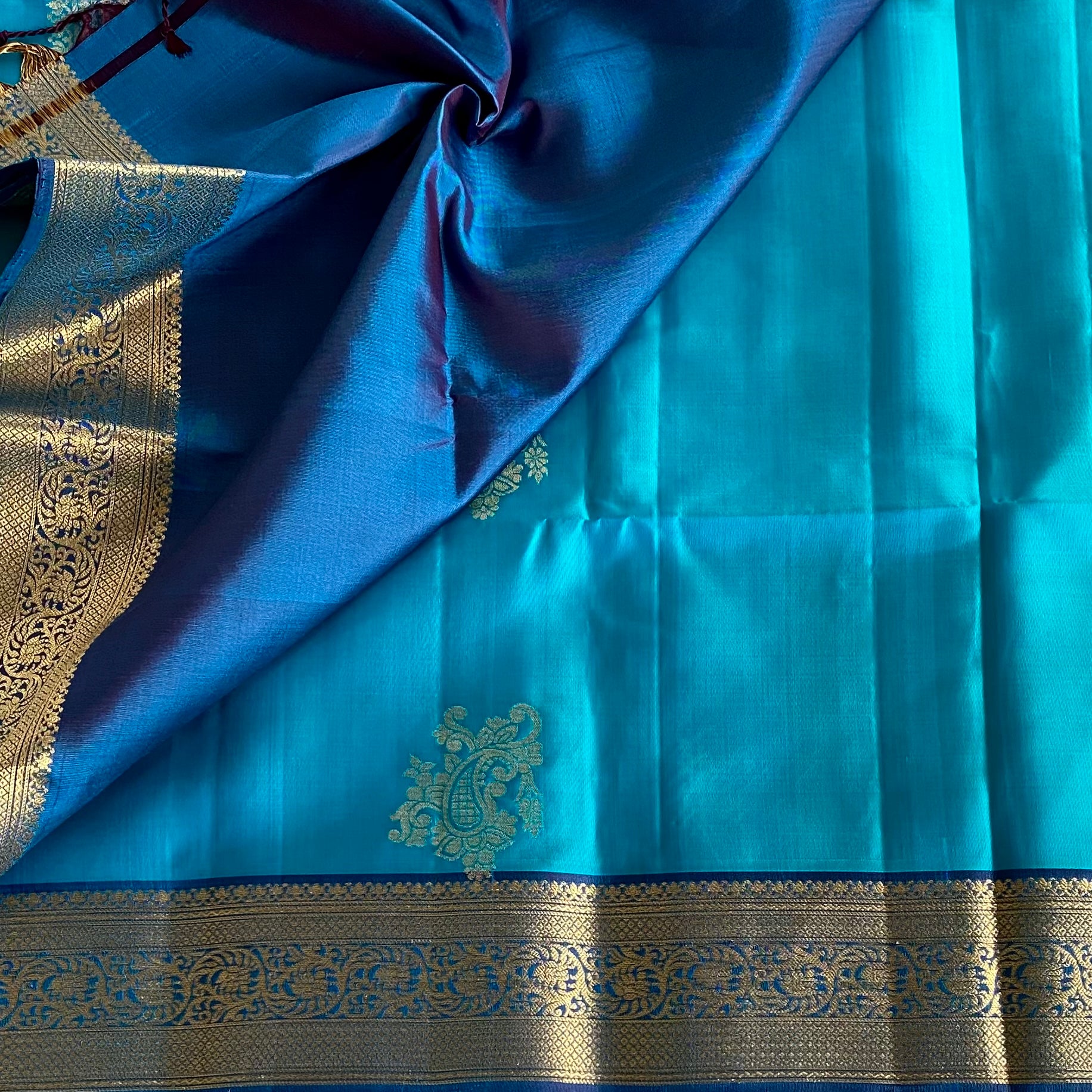 Designer Pure Silk Turquoise Saree With Peacock Blue Pallu Brocade Border
