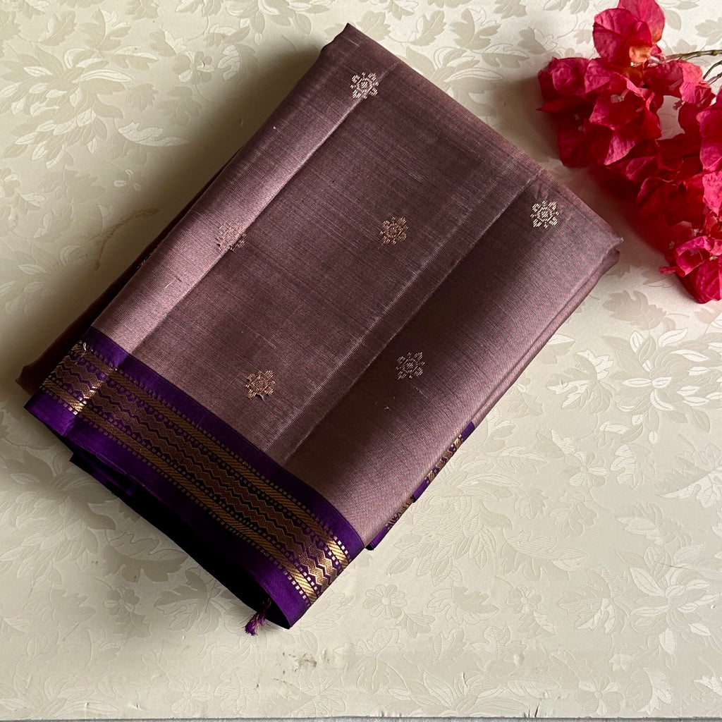 Dusty Mauve Designer Pure Silk Saree With Royal Purple Pallu