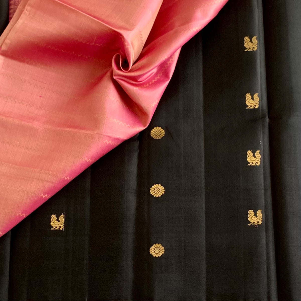 Jet Black Designer Pure Silk Saree With Blush Pink Pallu