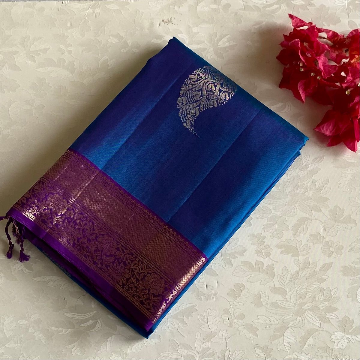Festive Dual Shaded Blue Designer Pure Silk Saree With Royal Purple Pallu