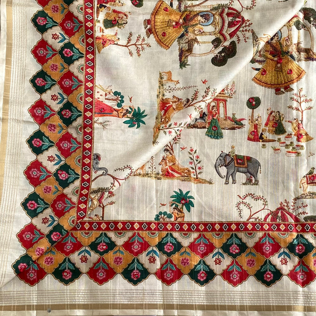 Ivory Designer Soft Printed Tussar Saree Mustard Yellow & Mirror Work