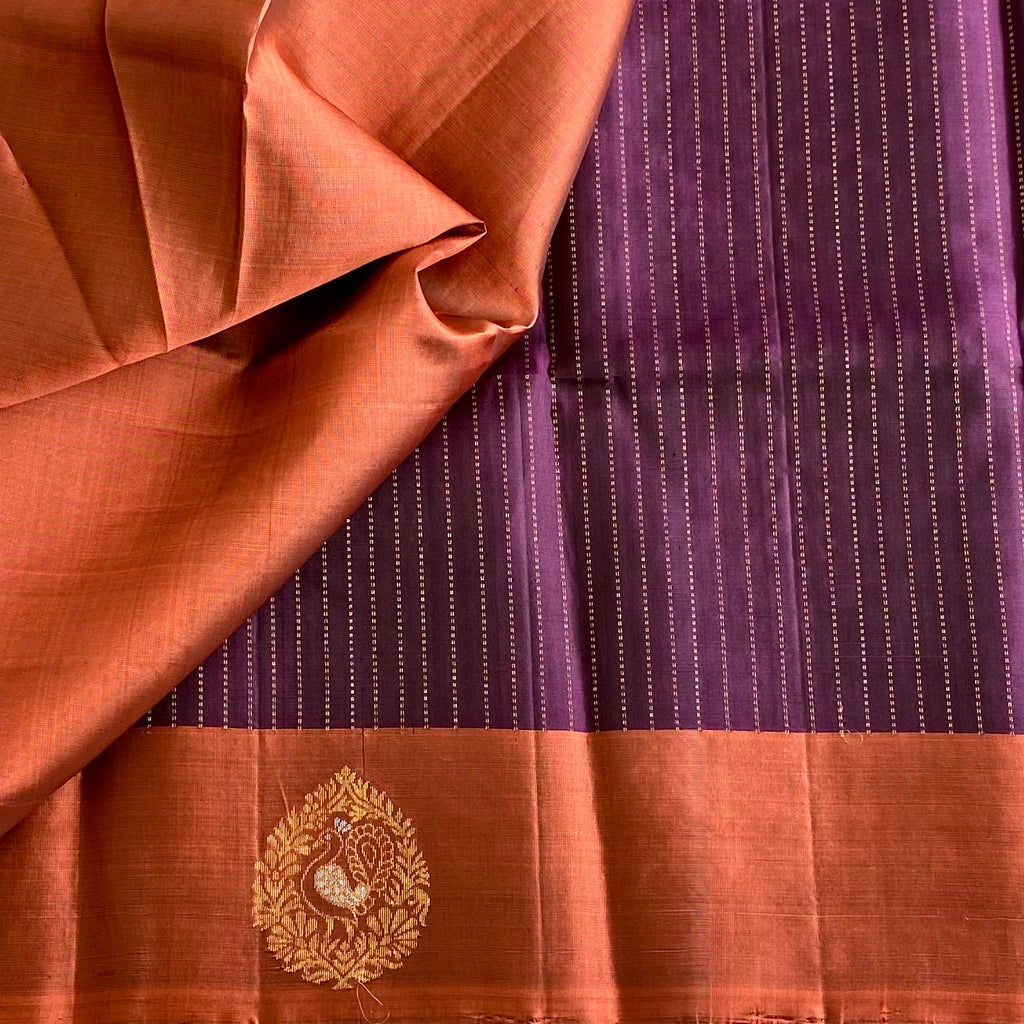 Deep Aubergine Designer Pure Silk Saree With Copper Rust Pallu