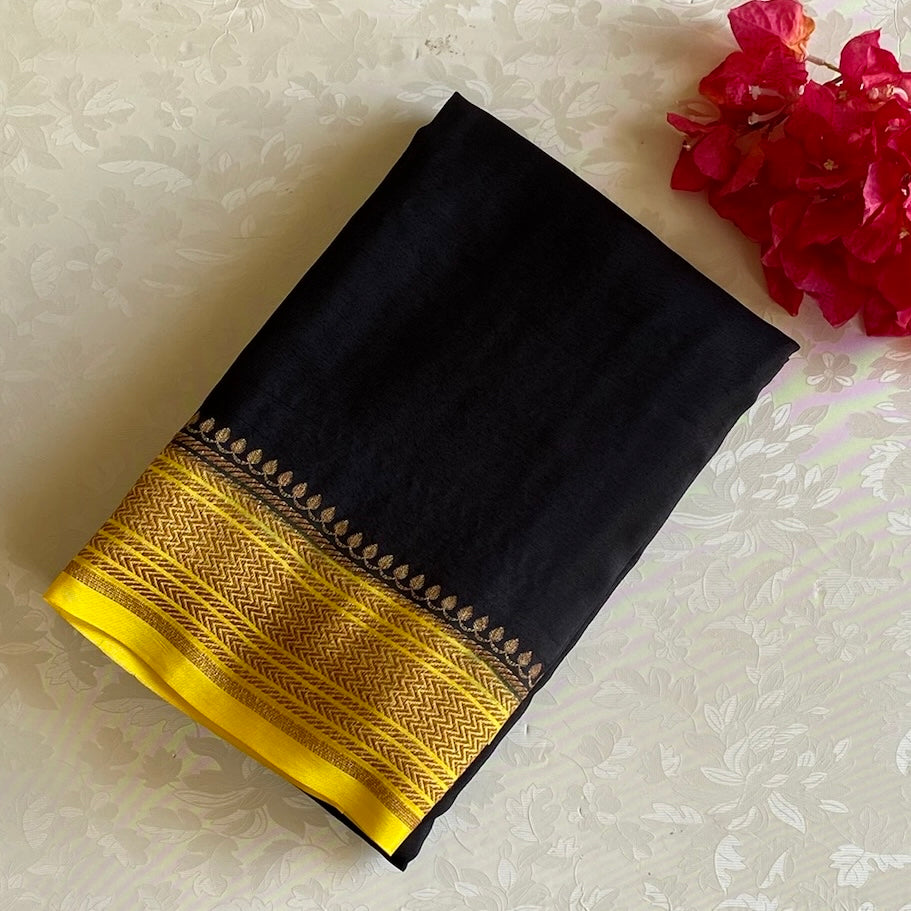 Jet Black Banarasi Crepe Silk Saree With Sunflower Yellow Pallu