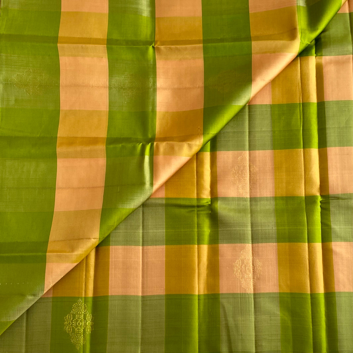 Olive Green Designer Pure Silk Saree With Peach Gold Checks