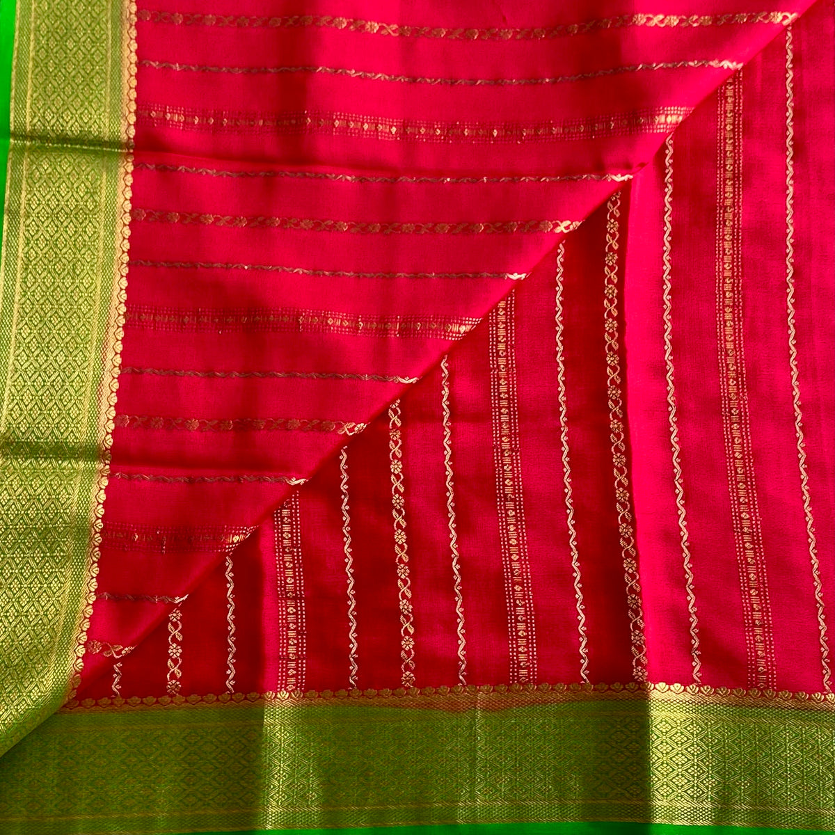 Cherry Pinkish Red Mysore Crepe Silk Saree With Emerald Green Pallu
