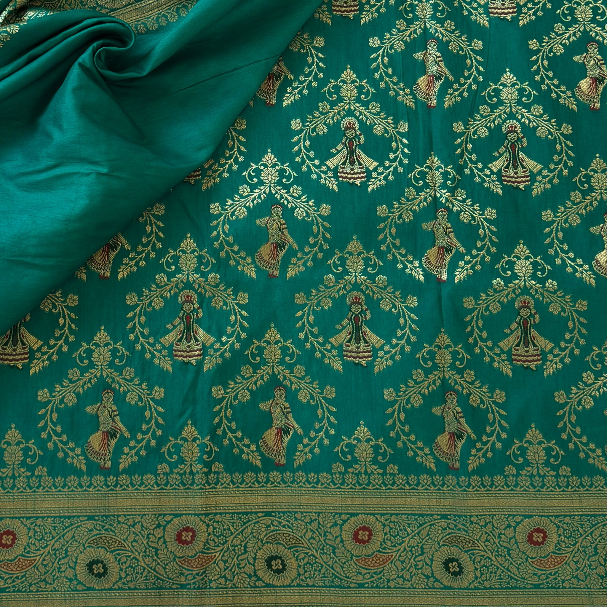 Emerald Teal Banarasi Silk Saree Gold Zari Dancer Motifs Rich