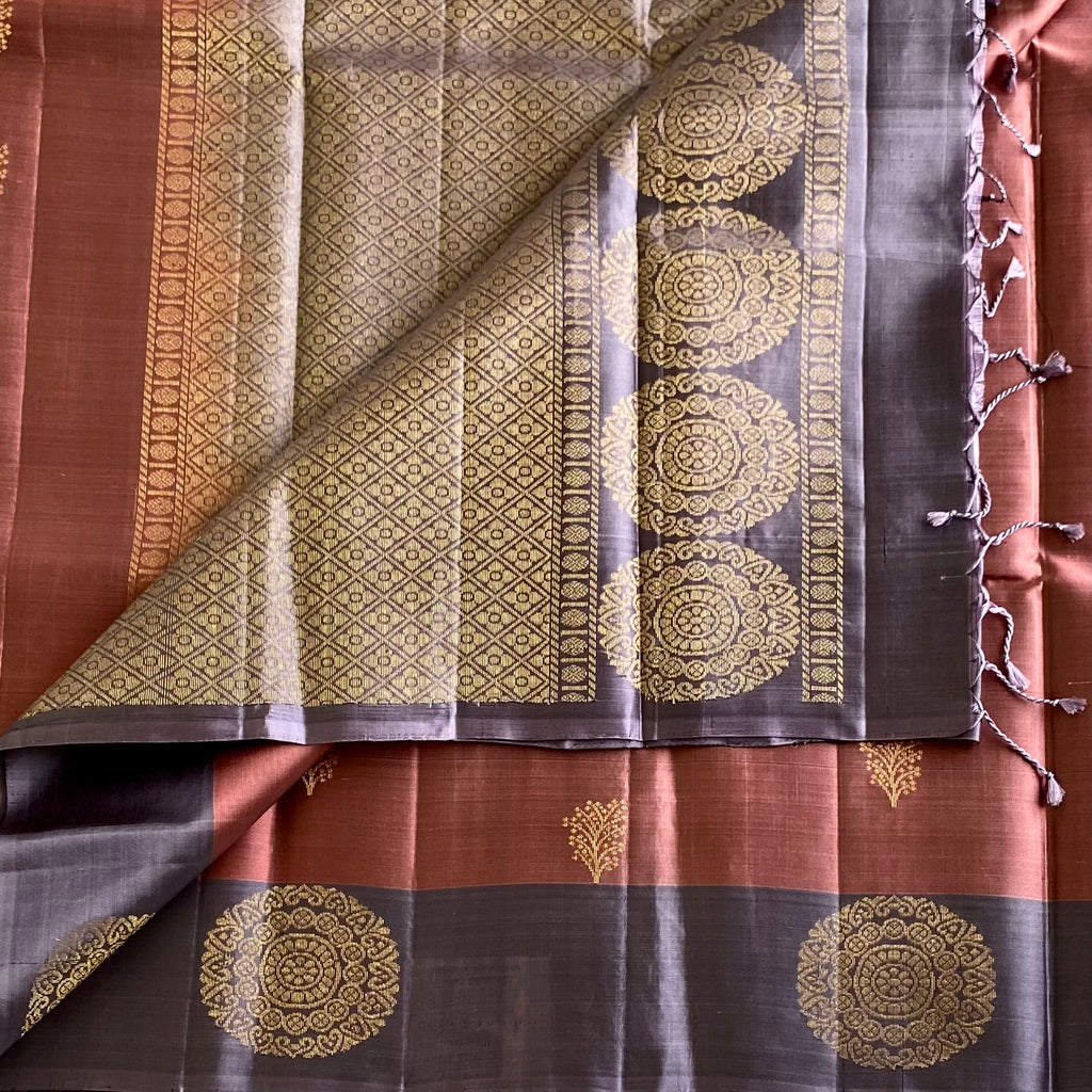 Dusky Mauve Designer Pure Silk Saree With Greyish Lavender Contrast