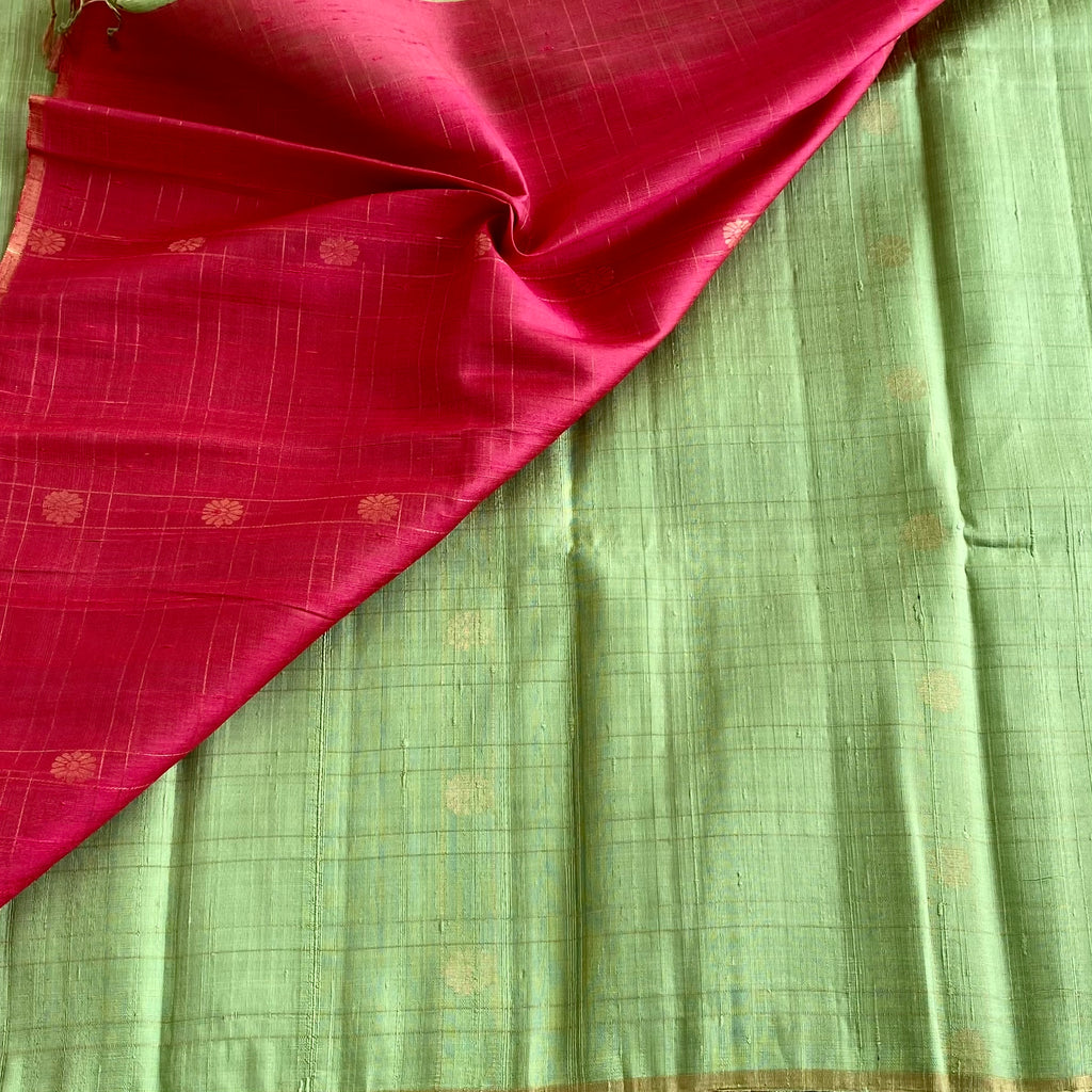 Mint Green Designer Pure Raw Silk Saree With Rani Pink Blouse