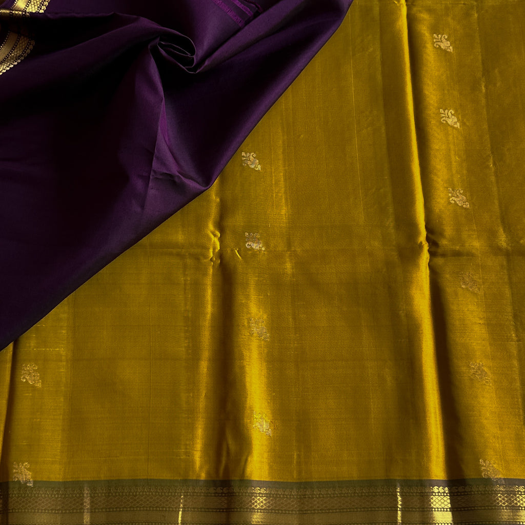 Marigold Yellow Silk Saree with Royal Purple Zari Pallu Elegance