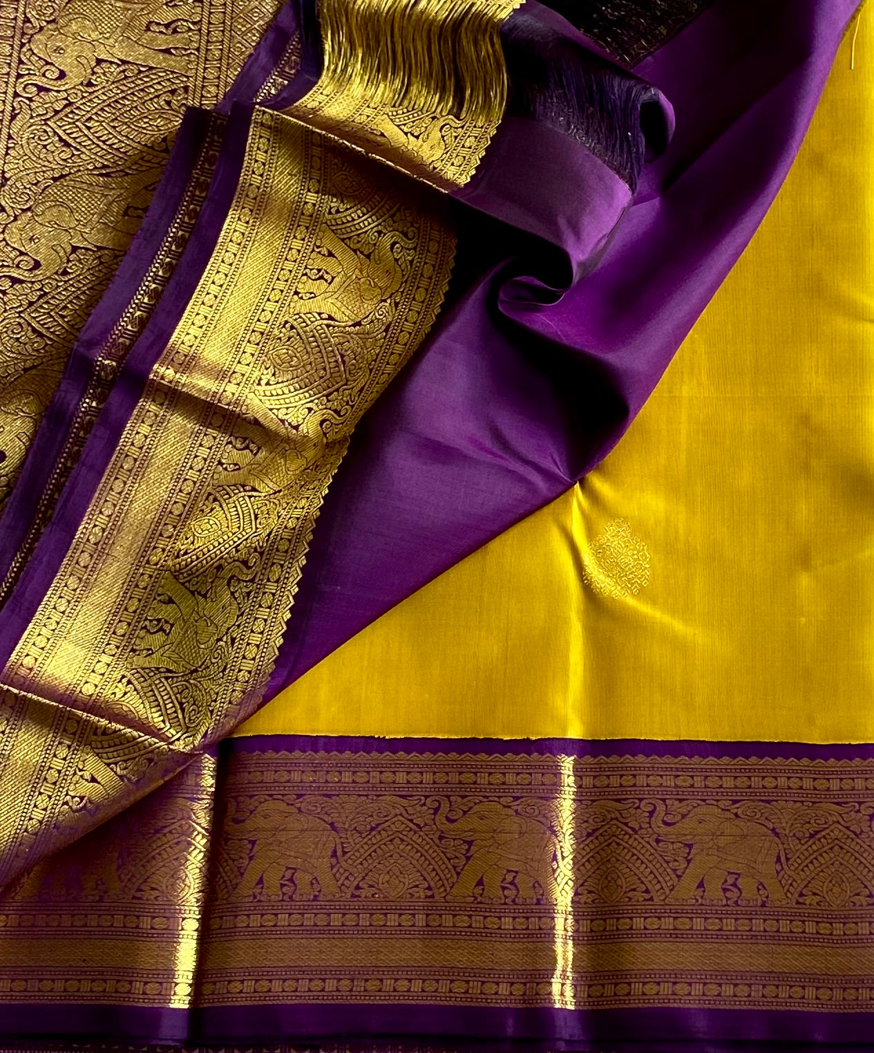 Mustard Yellow Silk Saree With Purple Brocade Pallu Elephant Border