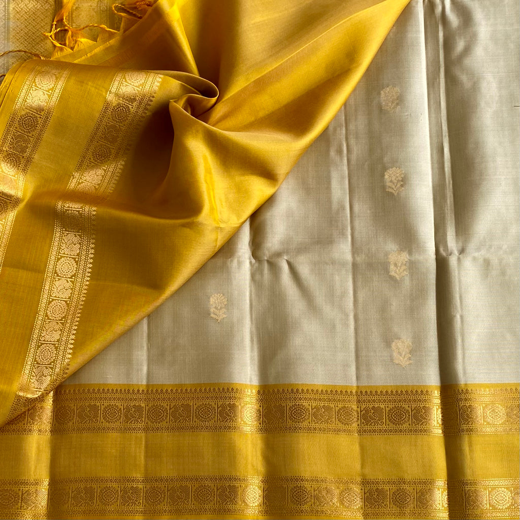 Ivory Beige Designer Pure Silk Saree With Mustard Yellow Pallu And Gold Border