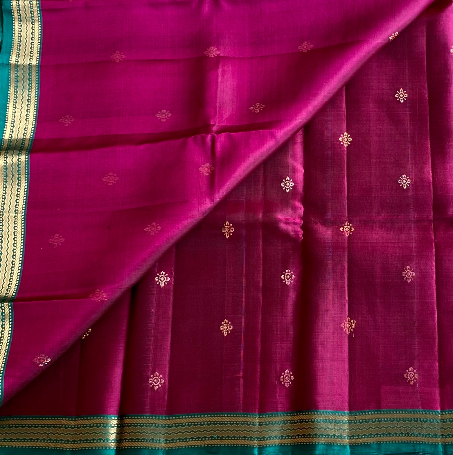 Magenta Teal Silk Saree Silver Zari Floral Pallu Traditional Festive