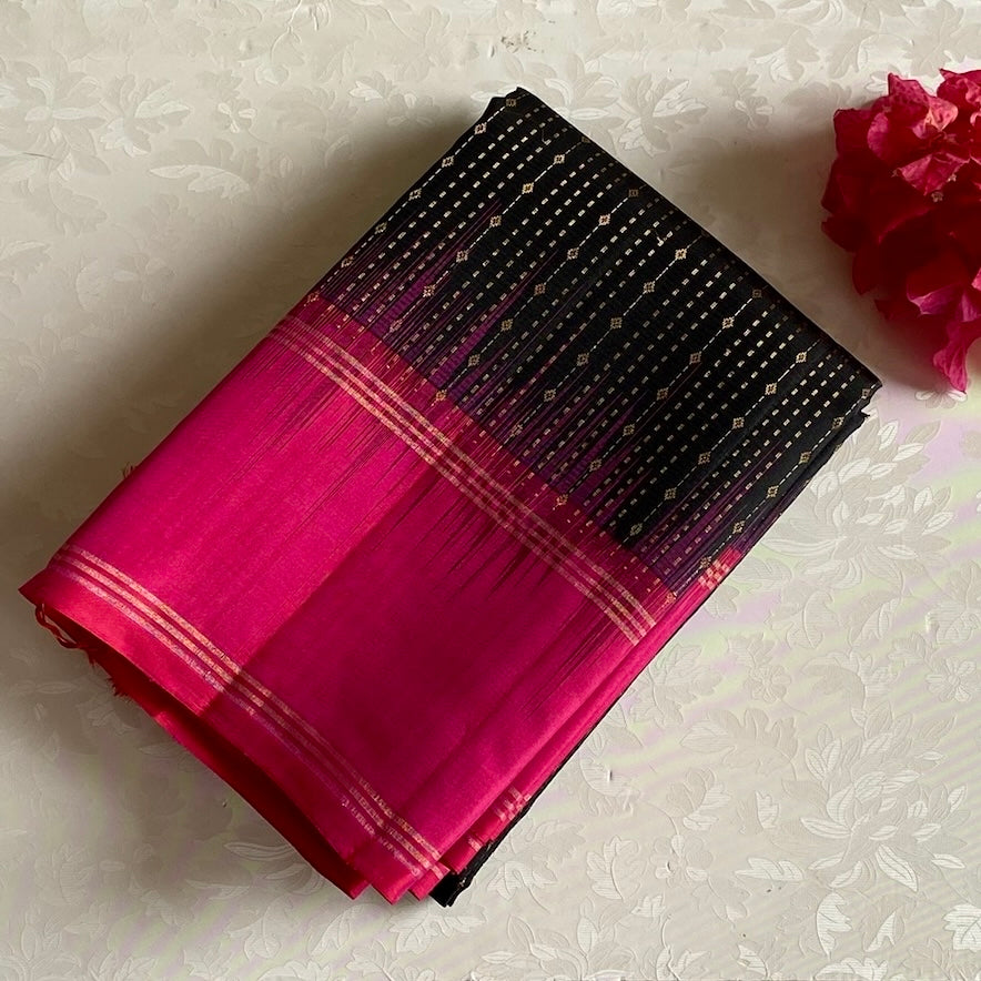 Jet Black Designer Pure Silk with Stunner Rani Pink & Zari Weave