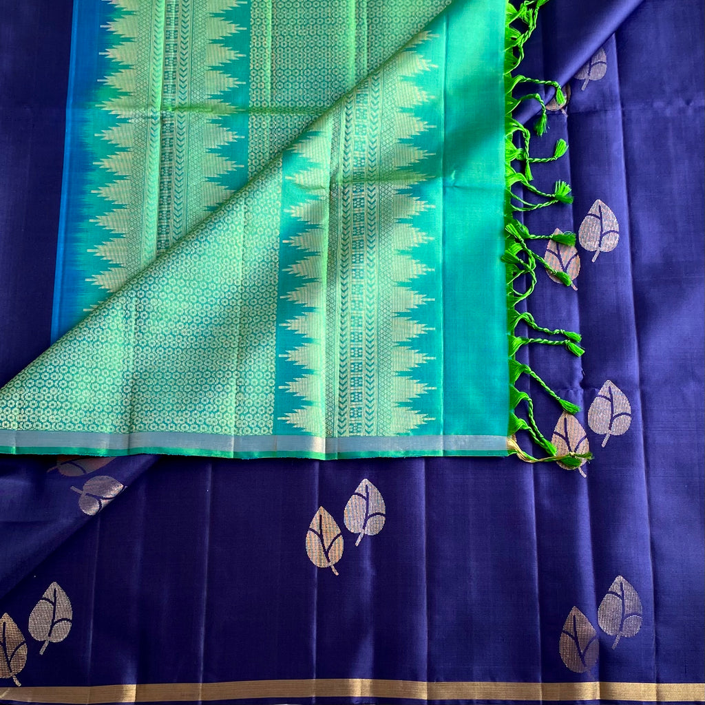 Midnight Navy Designer Pure Silk Saree With Sea Green Pallu Gold Zari