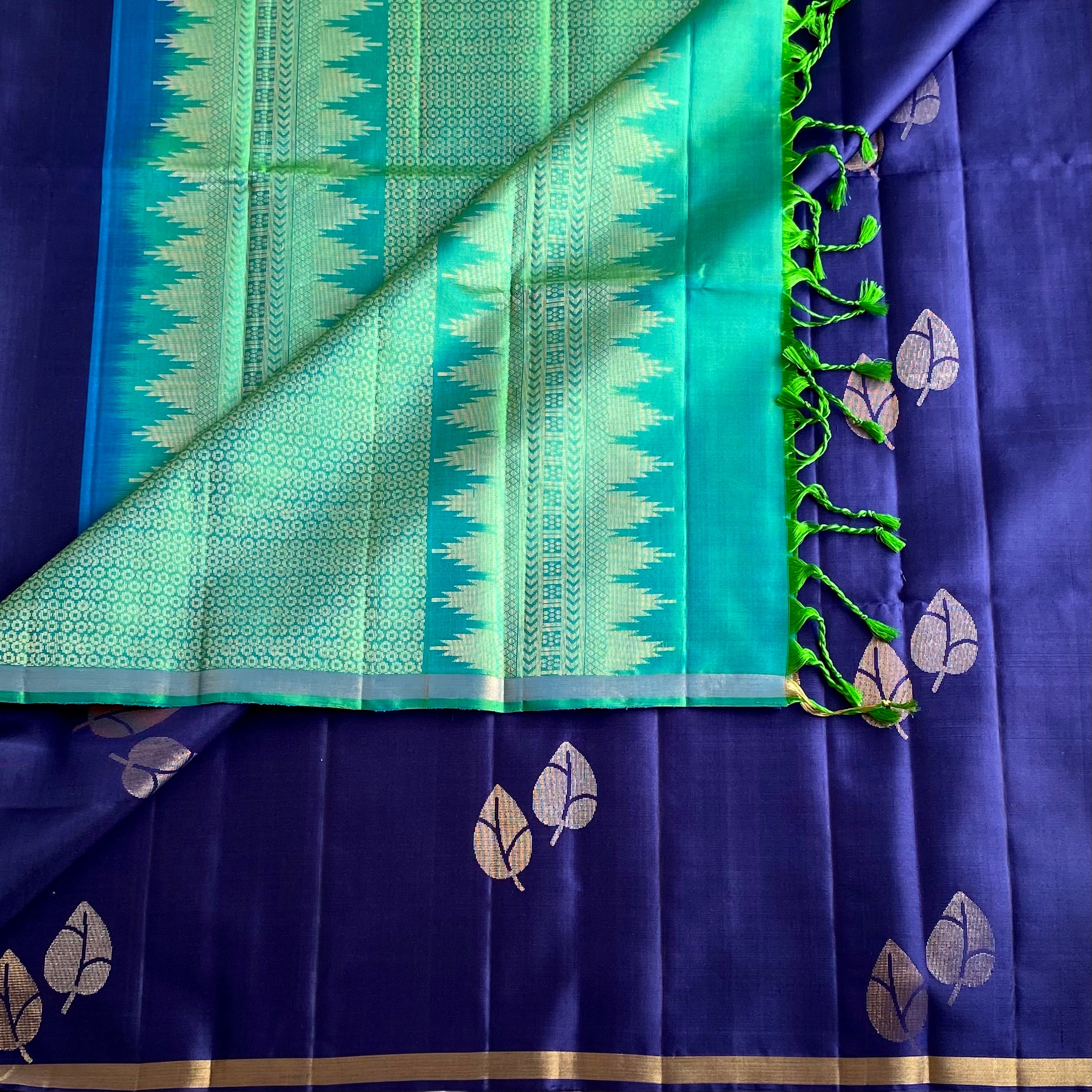 Midnight Navy Designer Pure Silk Saree With Sea Green Pallu Gold Zari