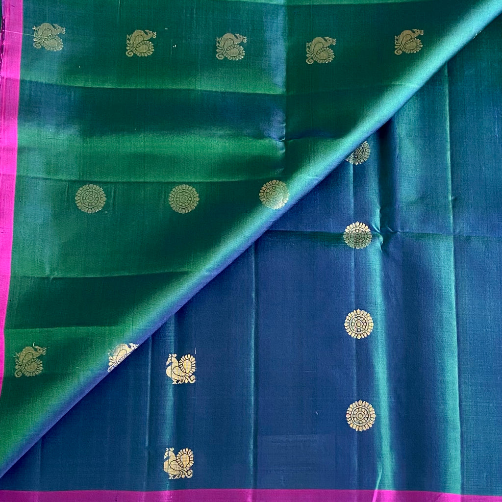 Peacock Blue Designer Pure Silk Saree With Rani Pink Pallu