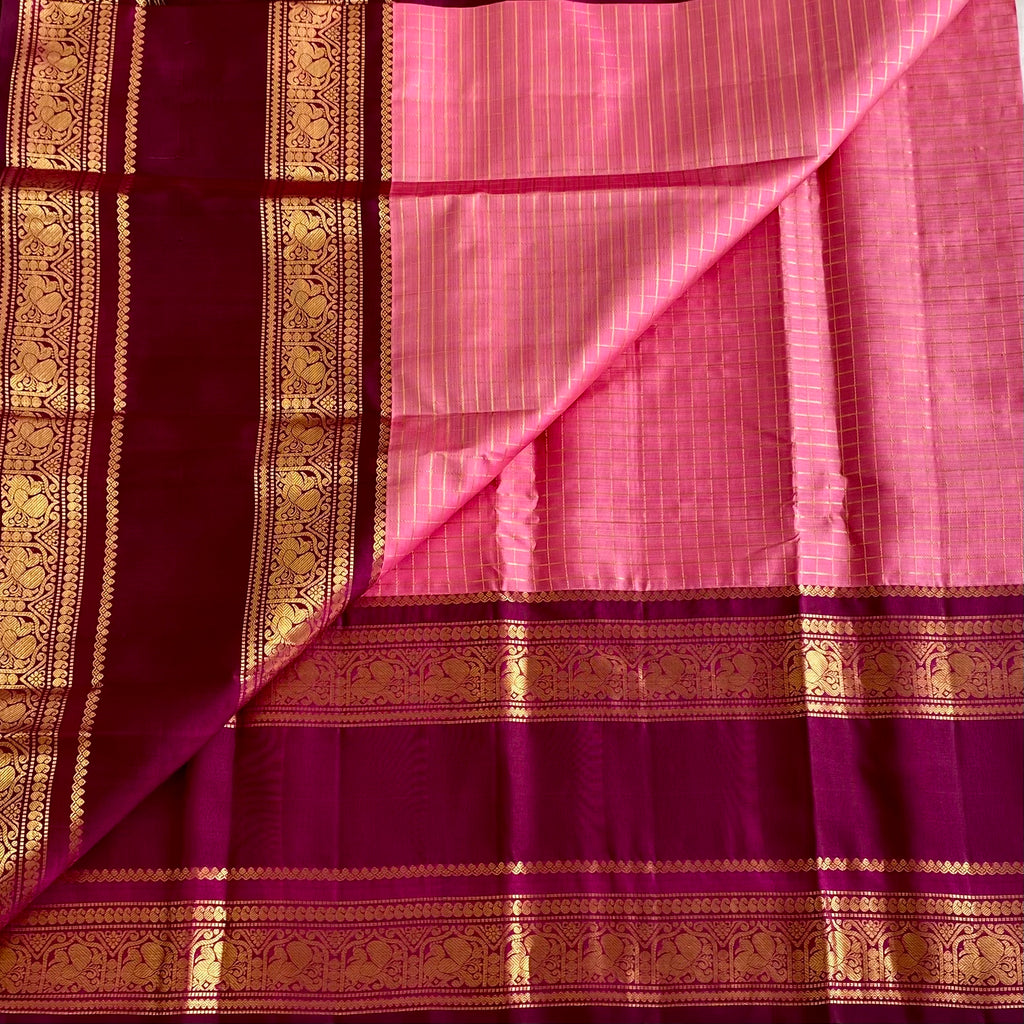Regal Rare Pink With Wine Kanjeevaram Checkered Pure Zari Silk