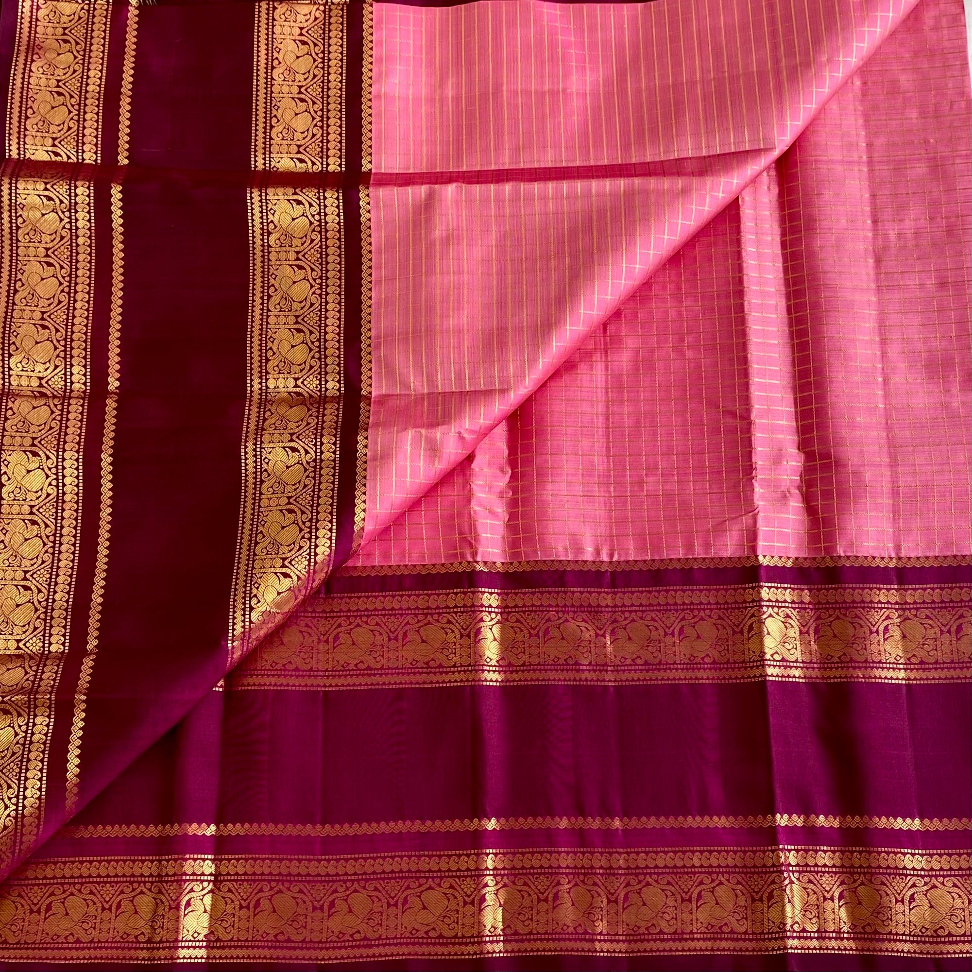 Regal Rare Pink With Wine Kanjeevaram Checkered Pure Zari Silk