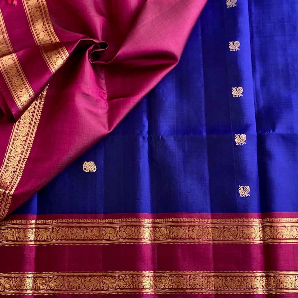 Royal Blue Designer Pure Silk Saree With Magenta Pallu And Gold Zari
