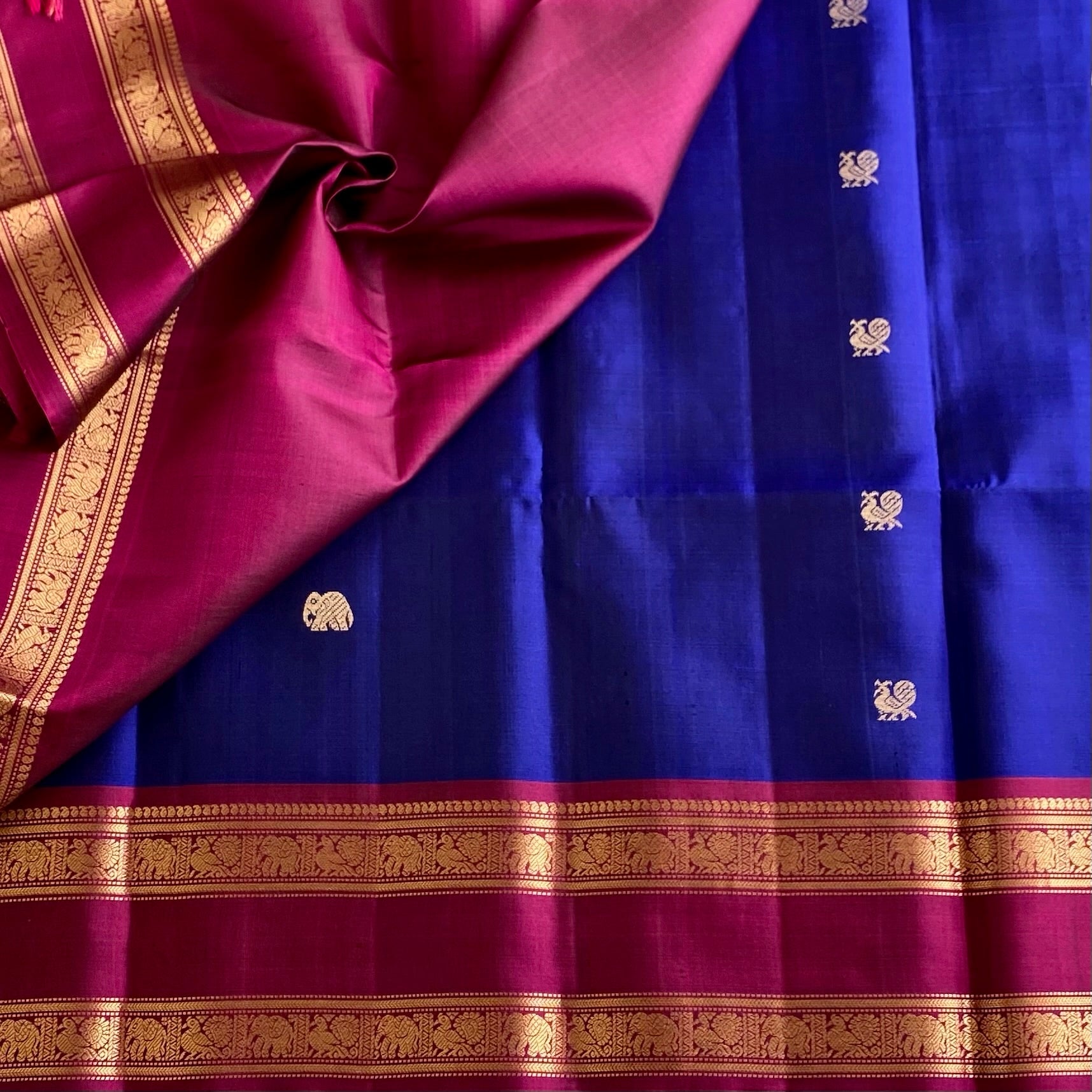 Royal Blue Designer Pure Silk Saree With Magenta Pallu And Gold Zari