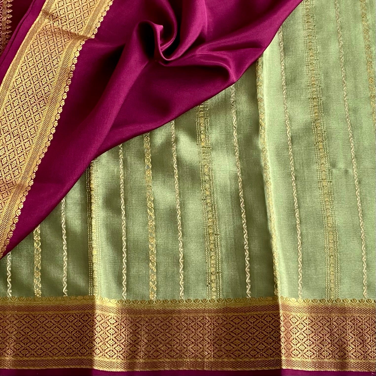 Dreamy Sage Green With Rich Magenta Designer Pure Mysore Crepe Silk