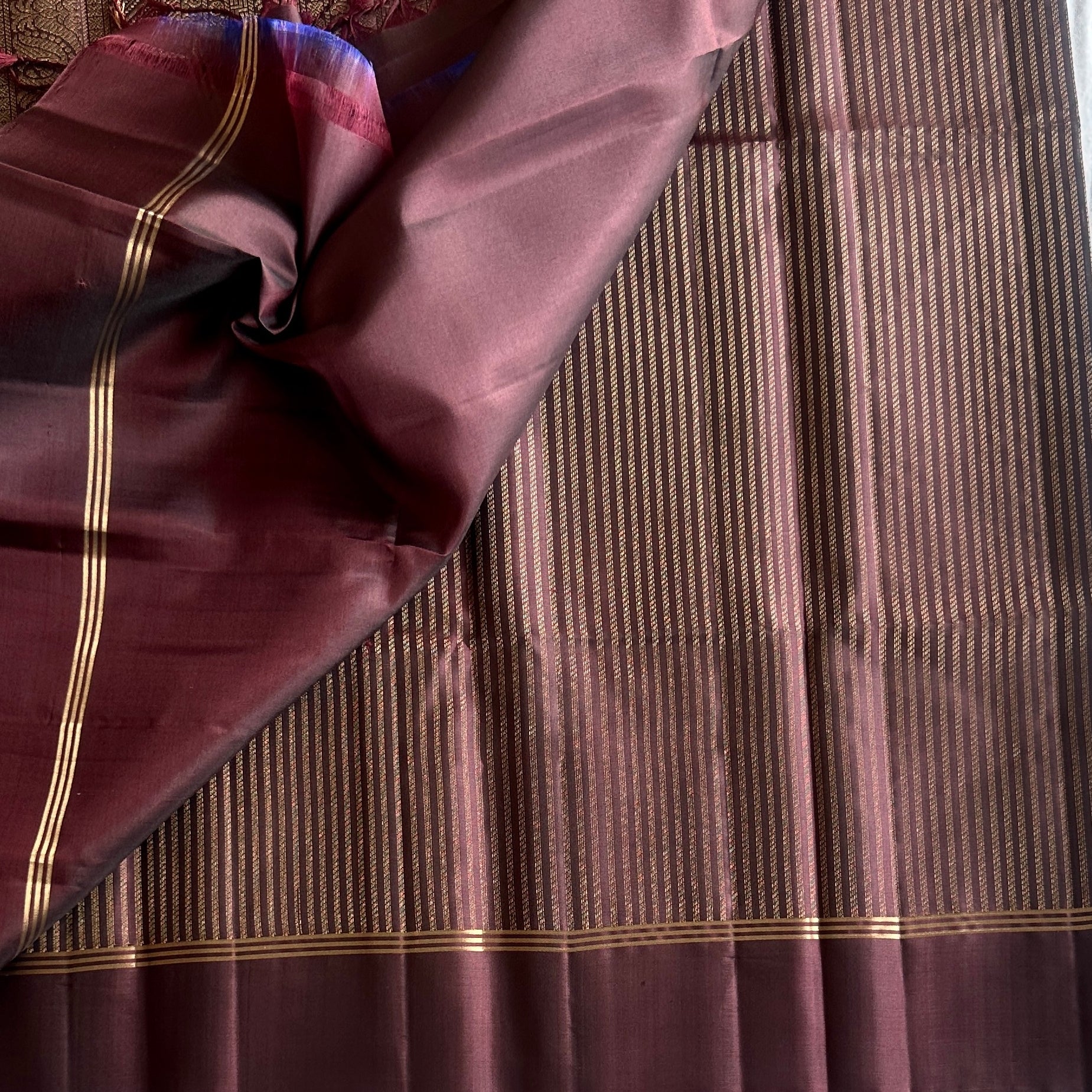 Plum Silk Saree With Gold Zari Paisley Border And Pallu