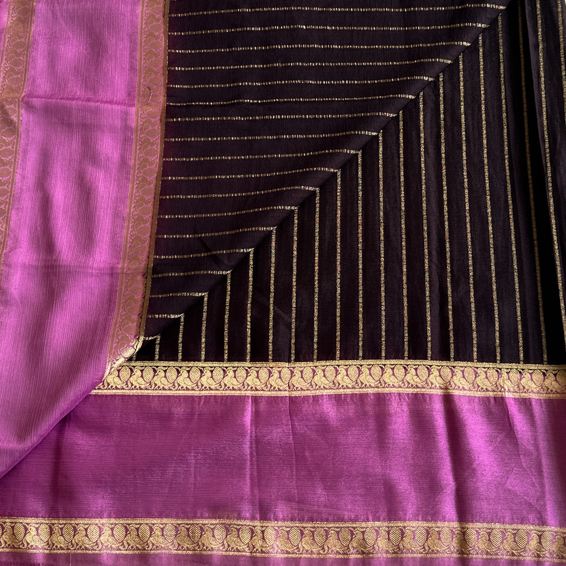 Magenta Black Silk Saree Gold Zari Brocade Floral Border Traditional