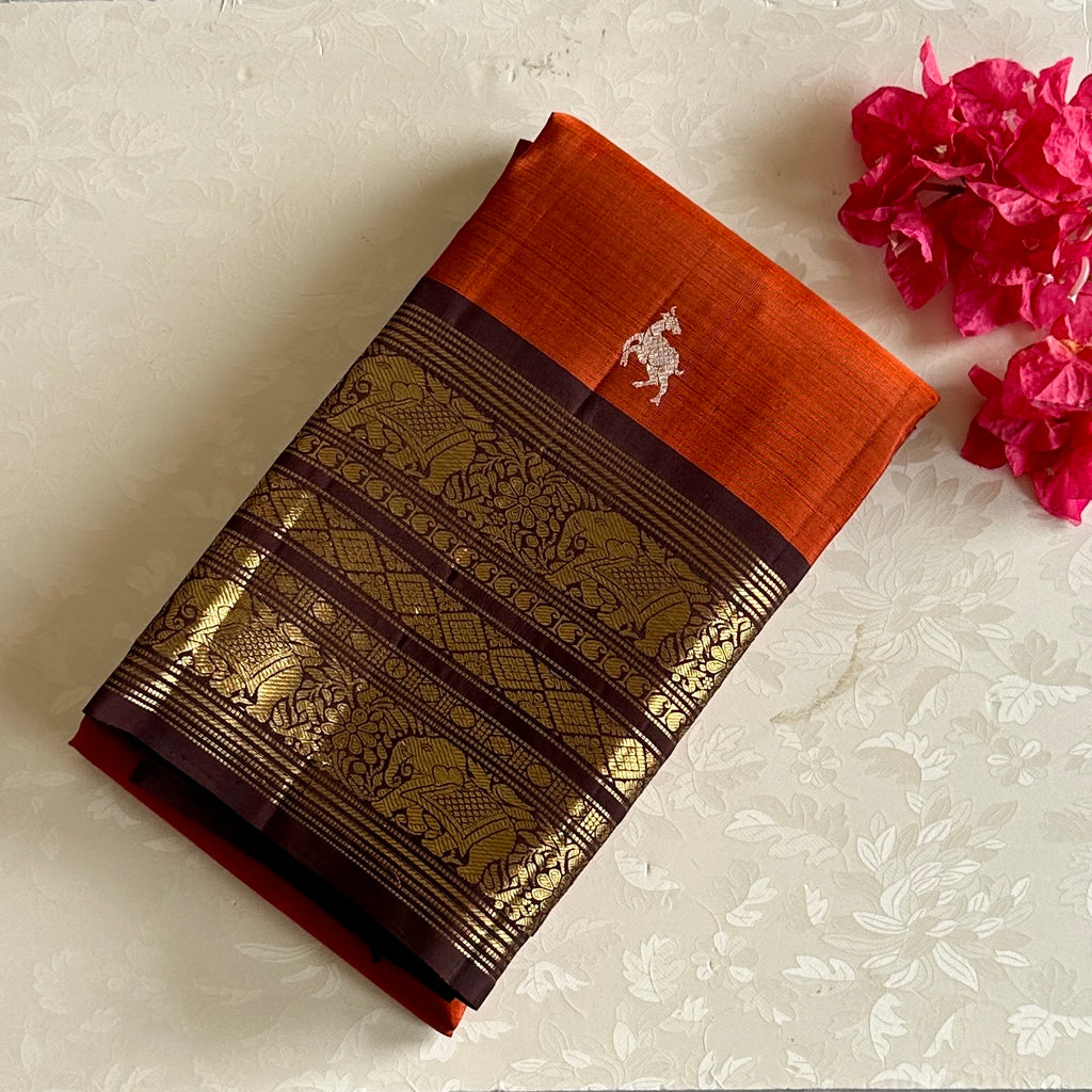 Vintage Rust Kanjeevaram Pure Zari Silk Saree With Deep Coffee Pallu