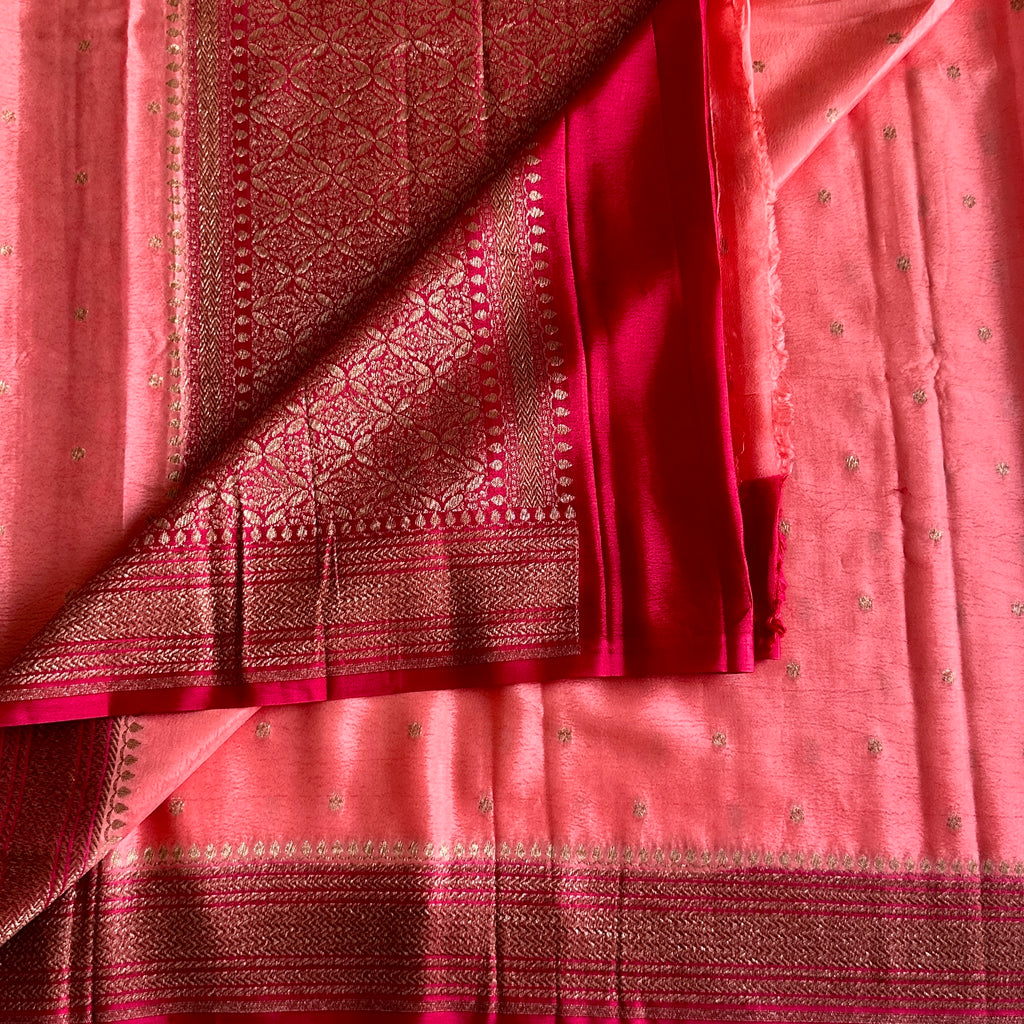 Coral Peach with Stunner Tomato Pink Banarasi Crepe Silk