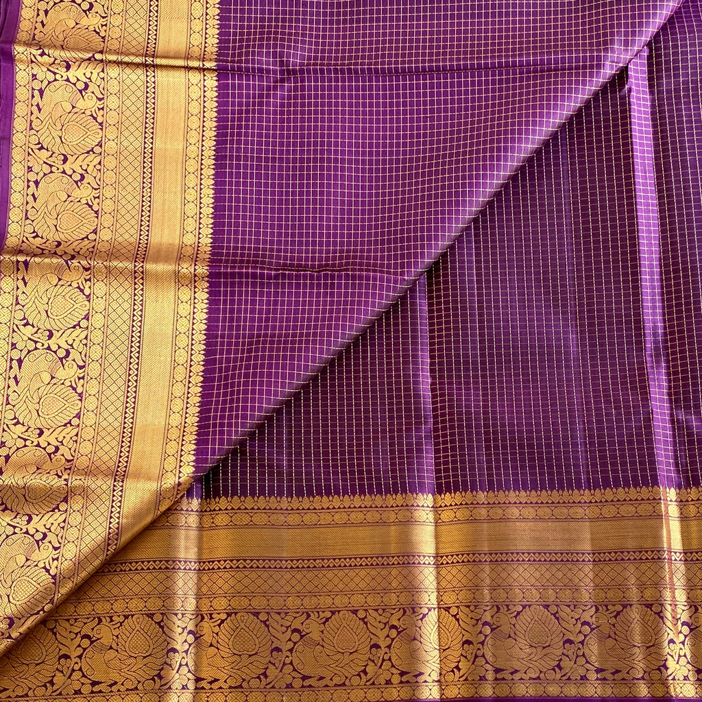 Micro Checkered Purple Designer Pure Silk Saree With Golden Floral Pallu