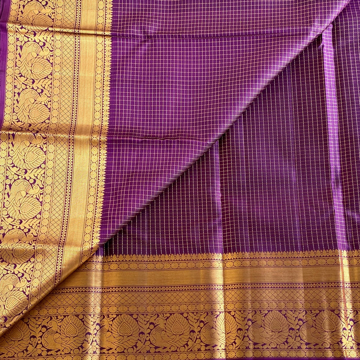 Micro Checkered Purple Designer Pure Silk Saree With Golden Floral Pallu